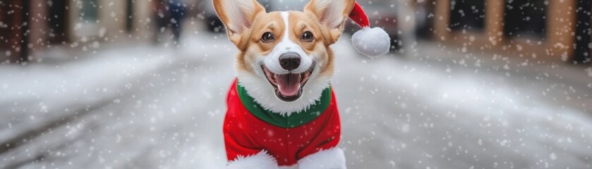 A joyful corgi dressed in festive attire, enjoying a snowy winter day on a charming street, perfect for holiday celebrations, dog in christmas costume