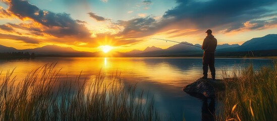 Silhouette of a man fishing at sunset on a lake with mountains in the background.