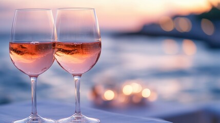 Focused shot of rose wine glasses on a table, with the serene evening sea in the background. Soft, warm light.