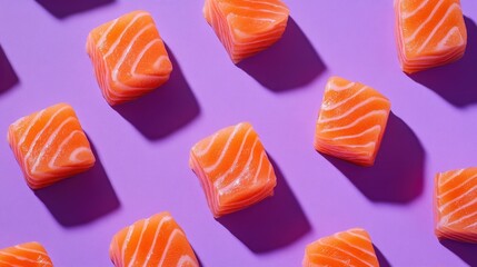 Obraz premium Fresh salmon cubes on a bright purple background, arranged to highlight the quality of sashimi