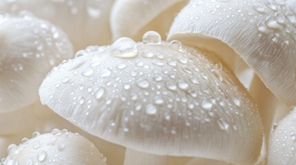 Fresh white mushrooms with tiny water droplets glistening on their surface, isolated close-up