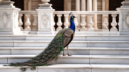 This stunning image captures the elegance and majesty of a peacock standing on a marble terrace, surrounded by ornate classical architecture.