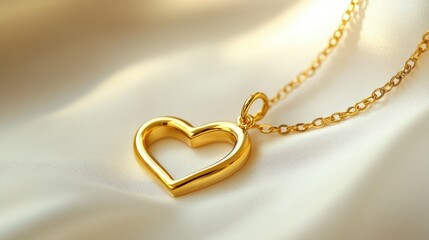 Gold heart-shaped pendant with a delicate chain, arranged on a soft white background for an elegant display