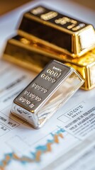 Close-up of shiny gold and silver bars on financial documents, symbolizing wealth, investment, and precious metals market.