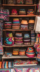 Fototapeta premium Colorful handmade pots and baskets displayed on a wooden shelf, showcasing vibrant patterns and traditional craftsmanship.