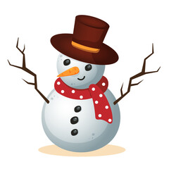 Funny comic style Snowman with carrot nose, scarf and hat
