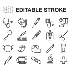 Collection of medical equipment. Contains icons such as stethoscope, oxygen, syringe and others.