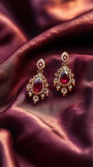 Obraz premium Elegant ruby earrings on a rich burgundy satin cloth, with a maroon-to-gold gradient background and faint flickers of diya lights, Copy space, happy Diwali background, traditional, Indian festival