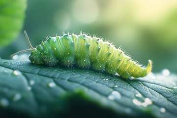 Naklejka premium A green caterpillar crawls on a leaf with dew drops.