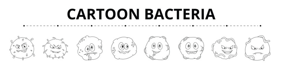 Cartoon Bacteria Line Banner Web Icon Set Vector Illustration