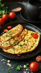 Delicious omelette with cherry tomatoes and toasted bread, perfect for breakfast or brunch. A colorful and appetizing meal.