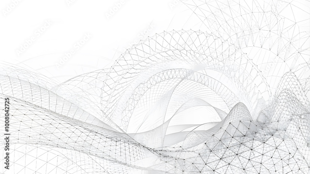Poster Glowing grey plexus. Futuristic moving white wave. Digital background with moving particles and lines. Big data visualization.