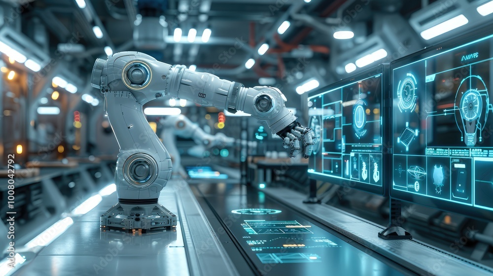 Poster A sleek, modern industrial environment showing a futuristic factory floor with advanced robotic arms and AI-driven interfaces displayed on transparent screens.