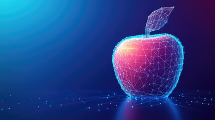 Low-poly wireframe apple fruit in 3D, set against a vibrant blue gradient, symbolizing tech and nature fusion.