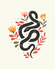 Mystical black snake silhouette with Floral illustration