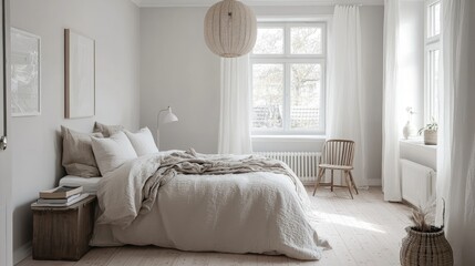 Minimalist Scandinavian bedroom with clean lines, neutral colors, and a cozy Hygge vibe, highlighting comfort and simplicity