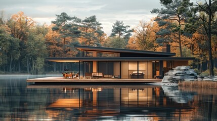 Fototapeta premium A modern lakeside cabin featuring a minimalist design with large floor-to-ceiling windows, a sloped wooden roof, and natural stone accents. The cabin is built on stilts above the water.