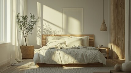 Minimalist Scandinavian bedroom with clean lines, neutral colors, and a cozy Hygge vibe, highlighting comfort and simplicity