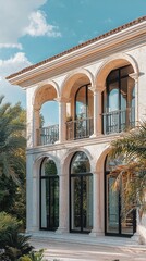 Obraz premium Elegant architecture of a luxury house with arches and large windows surrounded by greenery under a bright sky.