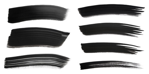 Black paint brush strokes in various styles isolated on transparent background
