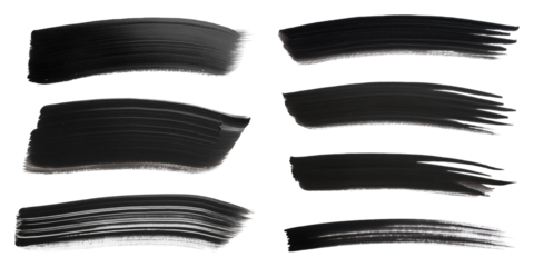 Black paint brush strokes in various styles isolated on transparent background