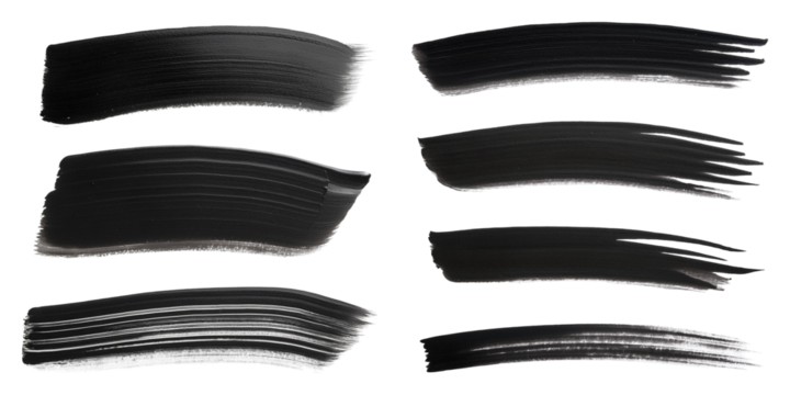 Black paint brush strokes in various styles isolated on transparent background