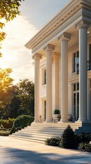 Elegant mansion exterior with grand columns, lush greenery, and a warm sunset ambiance, showcasing luxurious architecture.