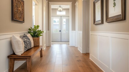 Modern hallway with wooden flooring, a stylish bench, and simple yet elegant decor, creating a warm, inviting entrance space