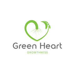 Creative green heart logo. blending leaf and root elements