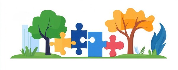 A community brainstorming to solve a puzzle park environment theme cartoon drawing Split-complementary color scheme