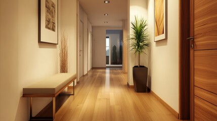 Fototapeta premium Modern hallway with wooden flooring, a stylish bench, and simple yet elegant decor, creating a warm, inviting entrance space