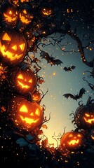 Cute Halloween banner with glowing pumpkins and flying bats, against white background