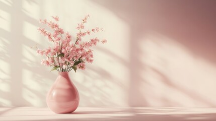 Modern pink vase with a bouquet of pink flowers, placed on a table in a minimalist room with an elegant aesthetic and simple decor