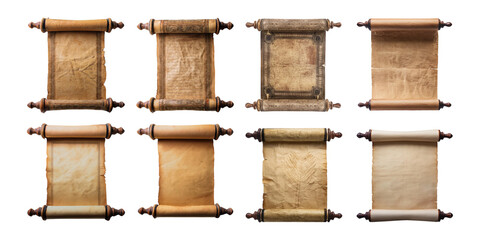 Ancient parchment scrolls in different styles isolated on transparent background