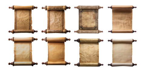 Ancient parchment scrolls in different styles isolated on transparent background