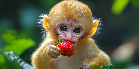Fototapeta premium Adorable Baby Monkey Holding a Strawberry