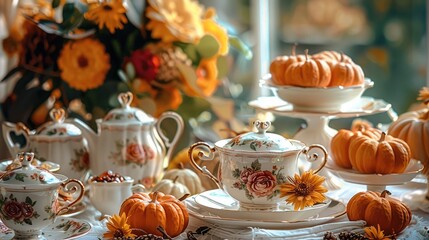 Fall themed tea party, Cozy fall table setting with a teapot for a relaxing tea time.