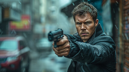 Man in dark suit stands tense and alert in dimly lit alleyway, gun in hand, prepared to defend against unseen threat, intense focus on impending danger.