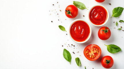 Fototapeta premium Delicious tomato sauce garnished with fresh basil, tomatoes spread on a white backdrop, top view, flat lay, ideal for Italian recipe presentations