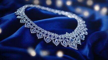 Obraz premium Intricate diamond necklace on a deep cobalt blue velvet fabric, with a cobalt-to-silver gradient backdrop and gentle, flickering lights, Copy space, happy Diwali background, traditional