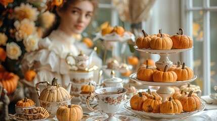 Fall themed tea party, Cozy fall table setting with a teapot for a relaxing tea time.