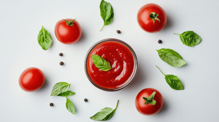 Delicious tomato sauce garnished with fresh basil, tomatoes spread on a white backdrop, top view, flat lay, ideal for Italian recipe presentations