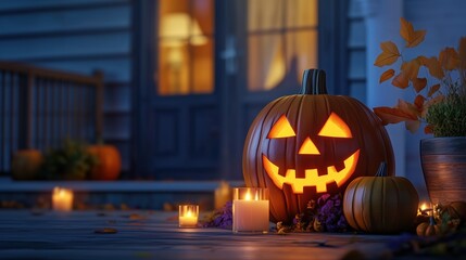 Obraz premium Carved Halloween pumpkins with glowing faces placed on the front porch at night, accompanied by flickering candles near a house in the soft evening light. The scene captures the spooky and festive spi