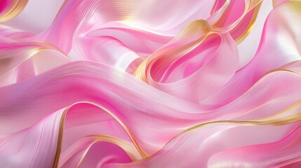 Obraz premium Pink wavy lines and shapes intertwined with golden accents, forming a dynamic, dimensional pattern.
