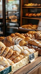 Freshly baked bread displayed in a cozy bakery, showcasing a variety of loaves and rolls in warm, inviting tones.