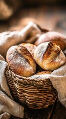 Freshly baked bread rolls in a rustic basket, surrounded by a soft cloth. Perfect for capturing the warmth of home baking.