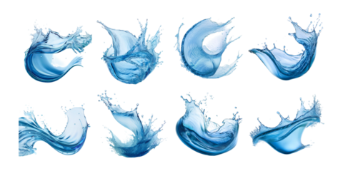 dynamic water splashes in various shapes isolated on transparent background