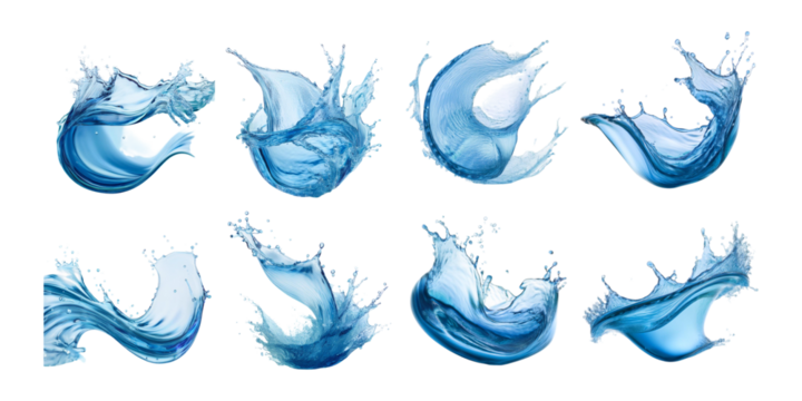 dynamic water splashes in various shapes isolated on transparent background