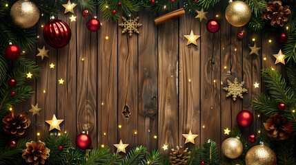 Holiday Christmas card with fir tree and festive decorations balls, stars, snowflakes on wood background. Christmas template for banner, ticket, leaflet, card, invitation, poster copy space