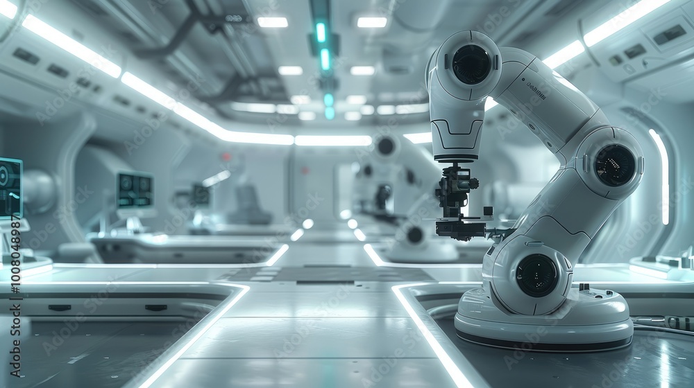 Aufkleber A sleek, modern industrial environment showing a futuristic factory floor with advanced robotic arms and AI-driven interfaces displayed on transparent screens.